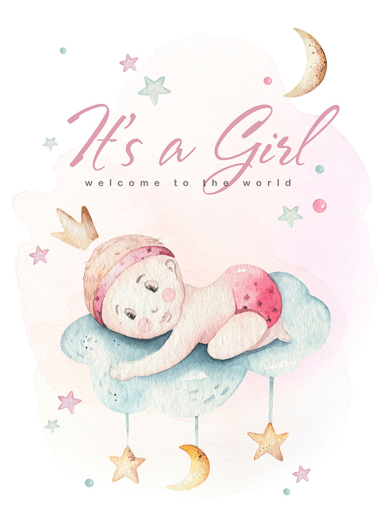 Watercolor baby girl sleeping on cloud with stars and moon