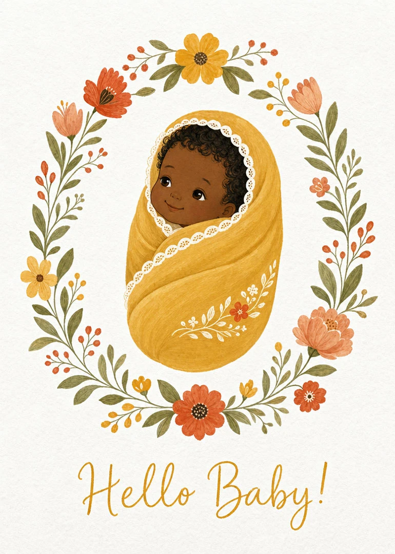 A swaddled baby is surrounded by a floral wreath with the words Hello Baby!