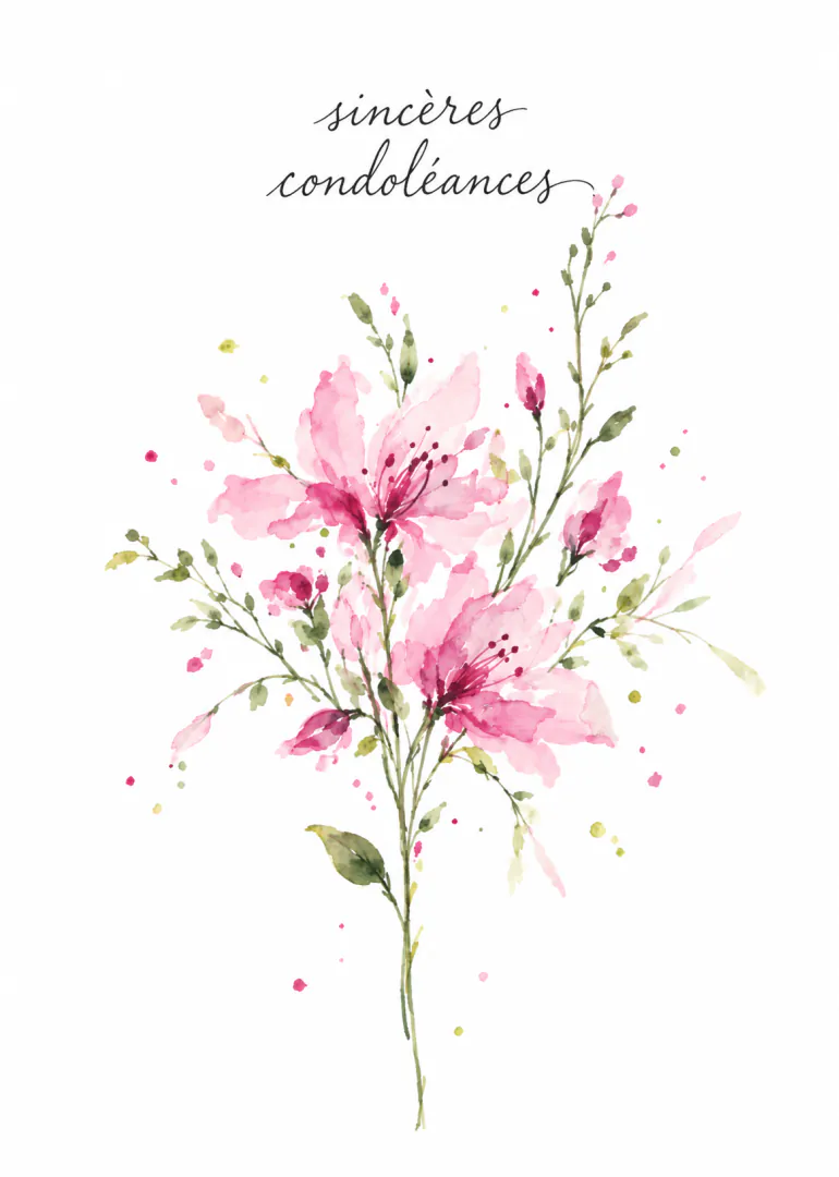 Carte blanche avec le texte « sincères condoléances » au-dessus d’un bouquet de fleurs roses peintes à l’aquarelle.