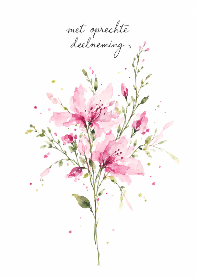 Witte condoleancekaart met de tekst ‘met oprechte deelneming’ boven een boeket roze aquarelbloemen.