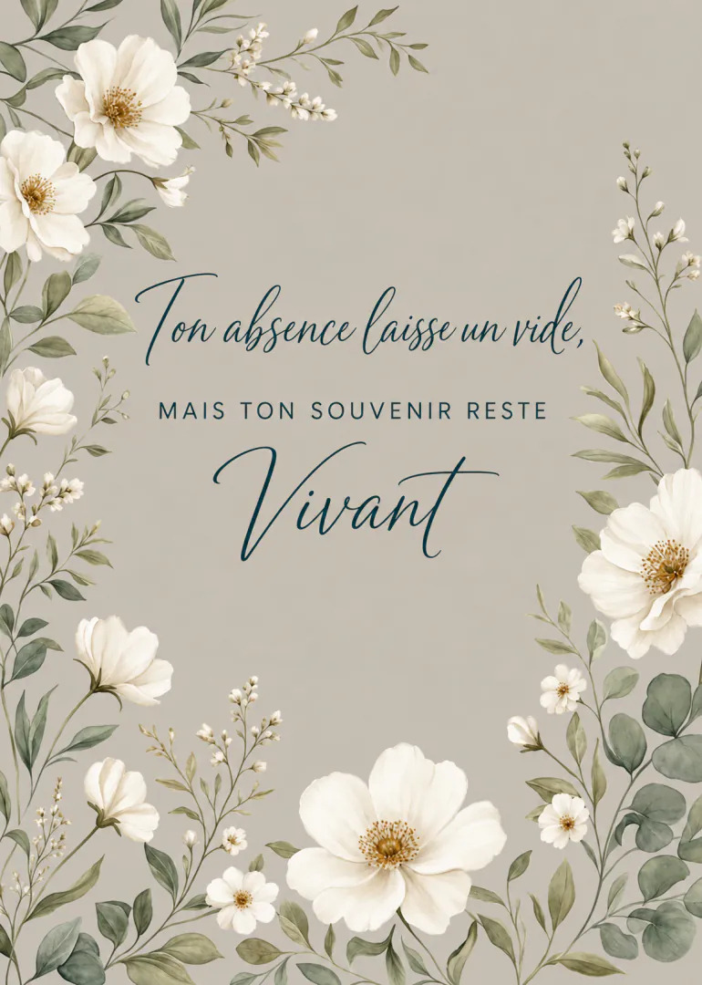 Carte beige encadrée de fleurs blanches et feuillages verts, avec un message de souvenir en calligraphie bleue.