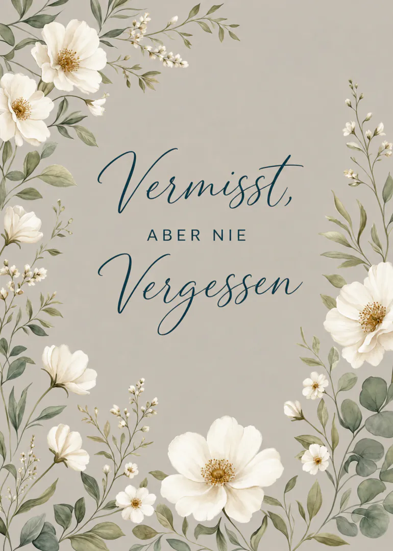 Beigegraue Karte mit weißen Blumen und der Aufschrift „Vermisst, ABER NIE Vergessen“.