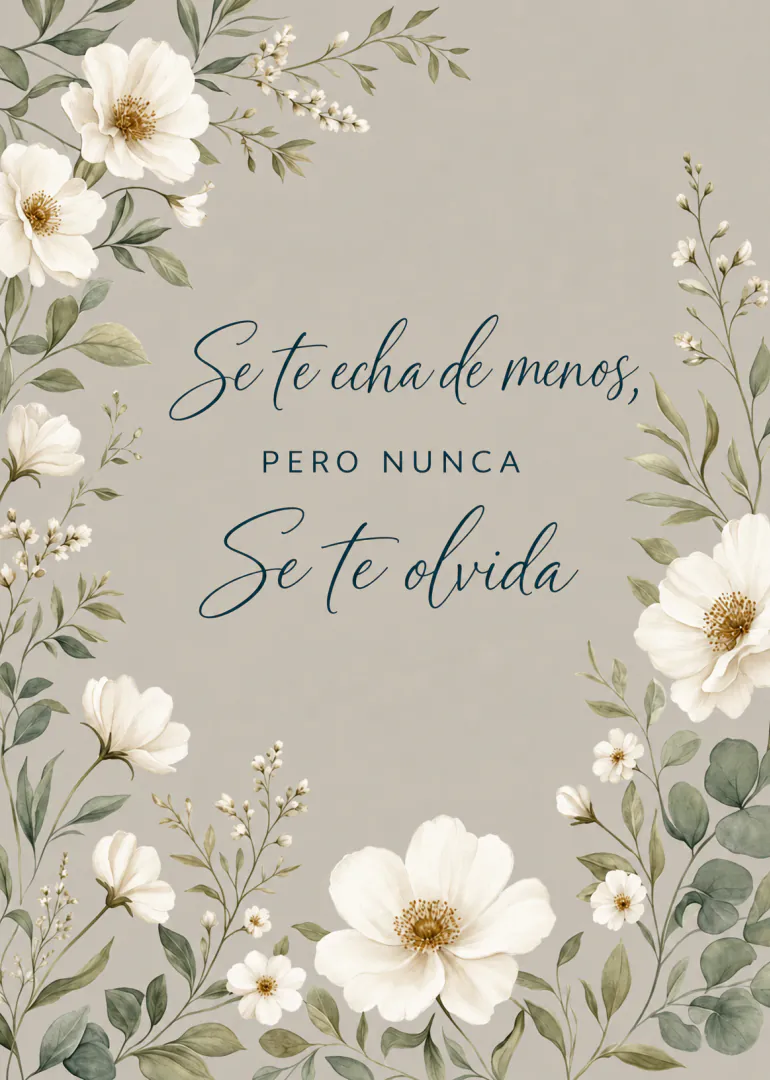 Tarjeta beige con flores blancas y follaje verde alrededor del mensaje «Se te echa de menos, pero nunca se te olvida».