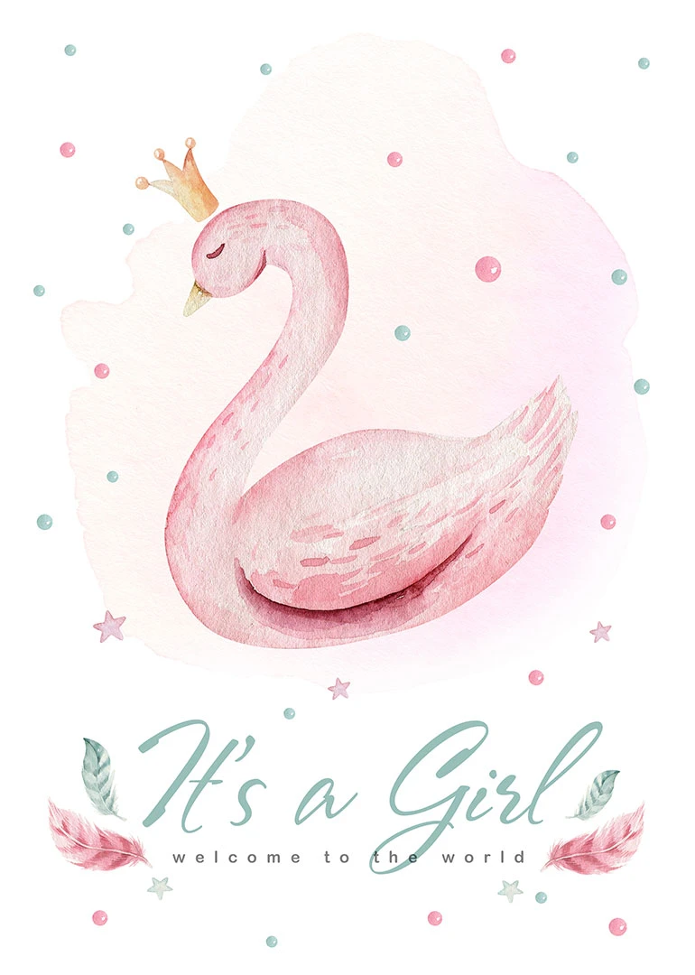 Pink watercolor swan wearing a crown with It's a Girl welcome text and pastel feathers.