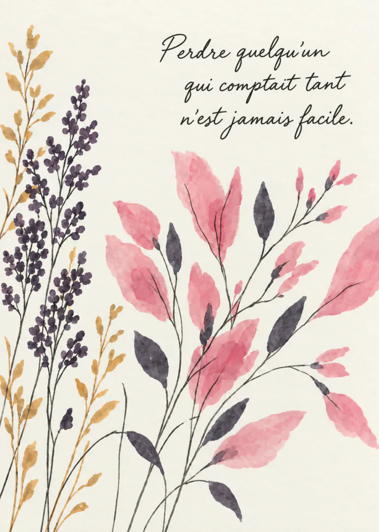Carte de condoléances ornée de fleurs roses, violettes et dorées sur fond crème, avec un message manuscrit.