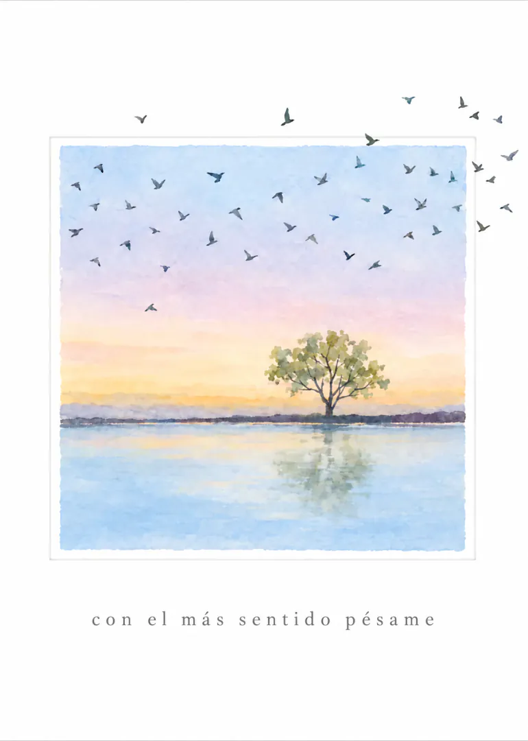 Tarjeta de pésame con paisaje en acuarela, un árbol junto al agua y una bandada de aves.