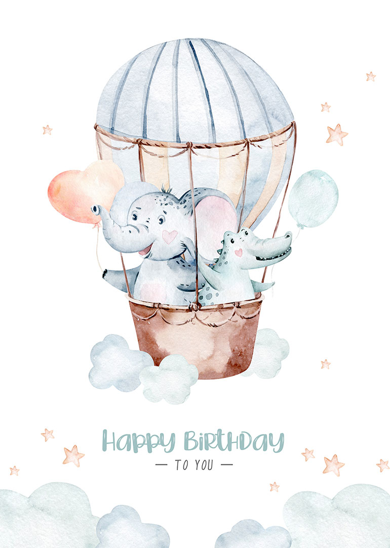 Watercolor birthday card with elephant and crocodile in hot air balloon holding balloons