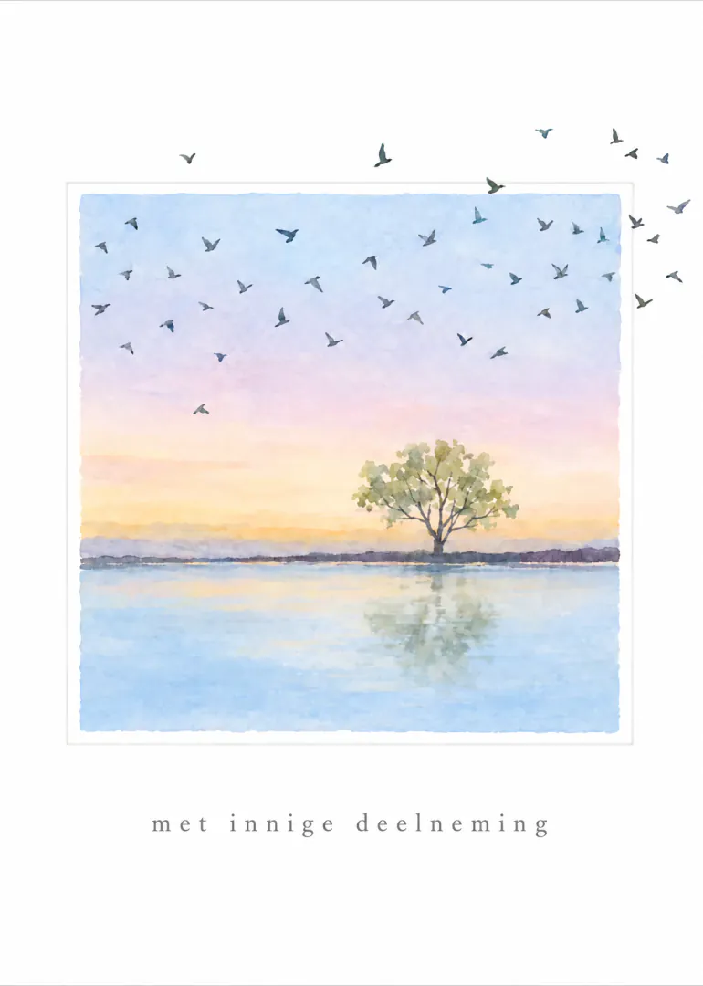 Aquarel van een boom bij weerspiegelend water onder een pastelkleurige lucht met vliegende vogels, met de tekst ‘met innige deelneming’.