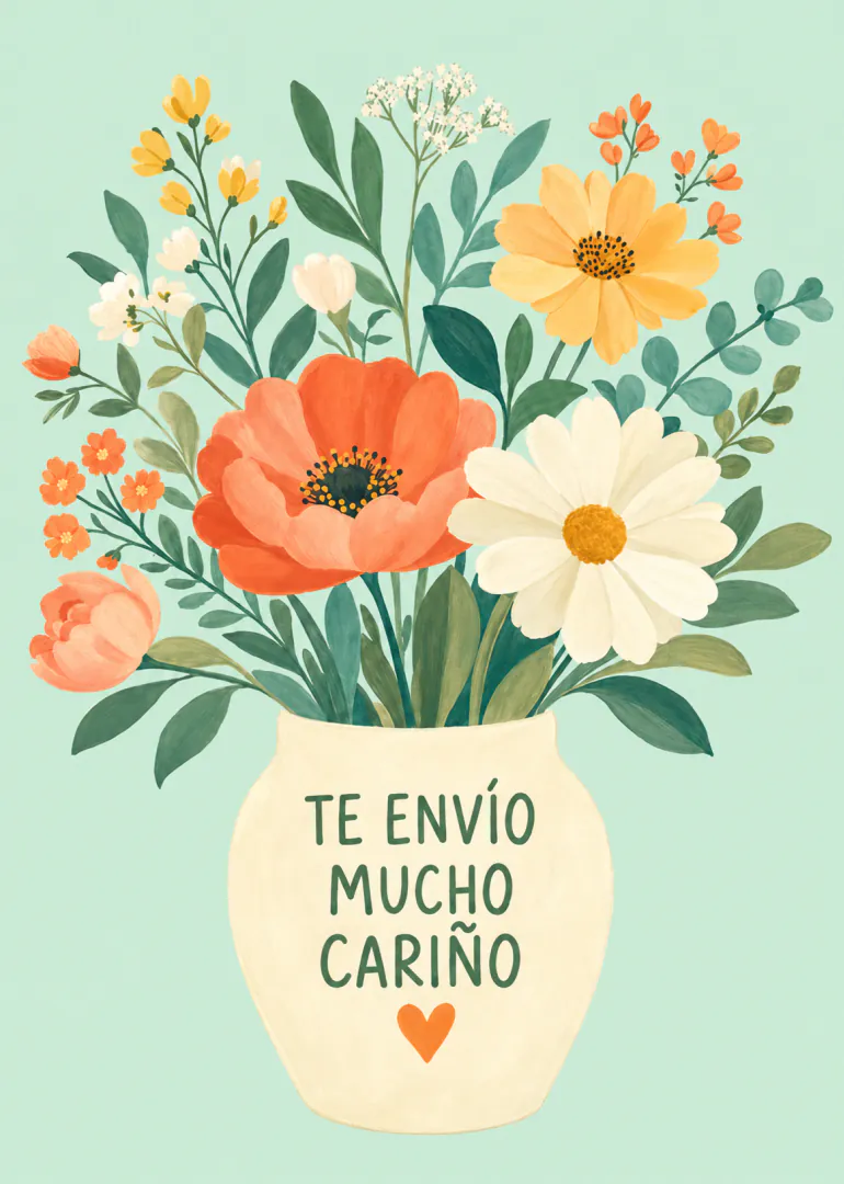 Ramo de flores naranjas, amarillas y blancas en un jarrón crema sobre fondo verde menta, con el mensaje «TE ENVÍO MUCHO CARIÑO».
