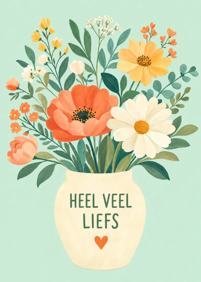 Illustratie van een vaas met kleurrijke bloemen en de tekst ‘HEEL VEEL LIEFS’.