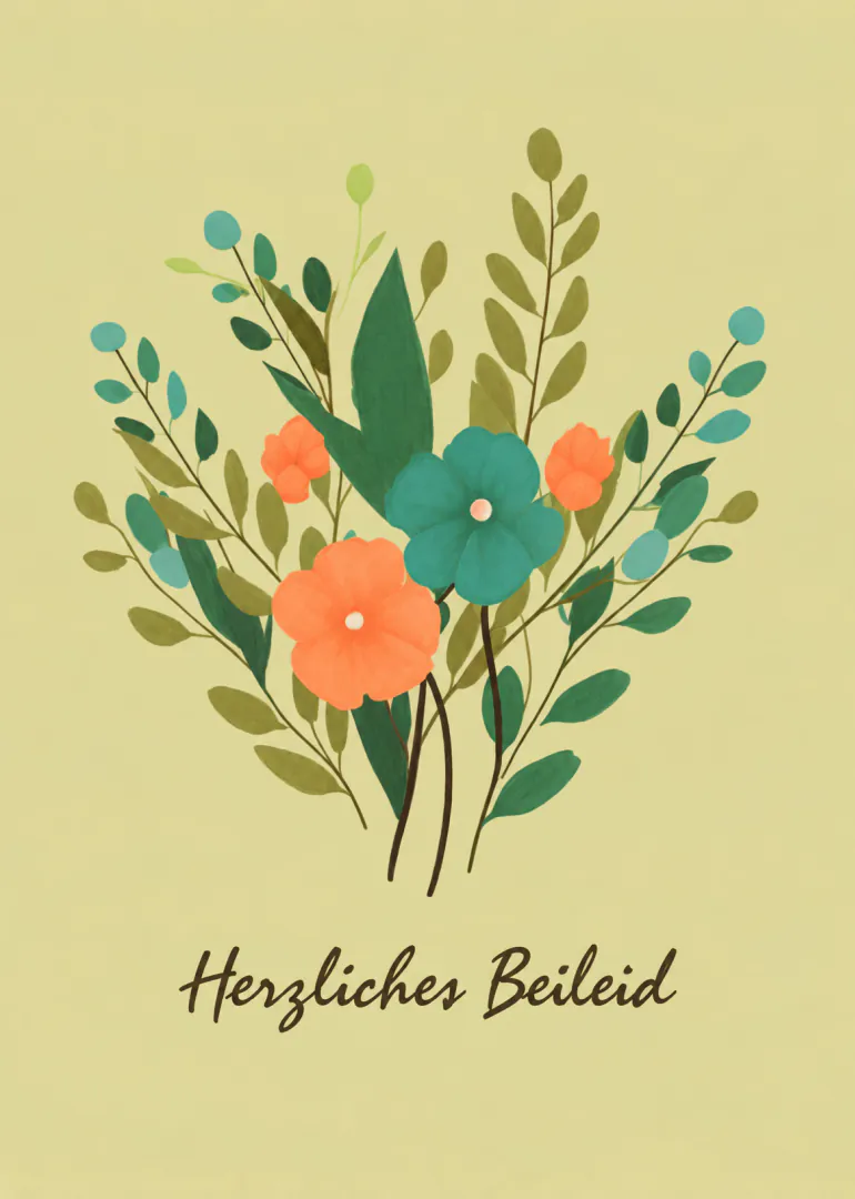 Zarter Blumenstrauß mit türkisfarbenen und korallenfarbenen Blüten auf hellgelbem Grund, darunter der Schriftzug „Herzlichen Beileid“.