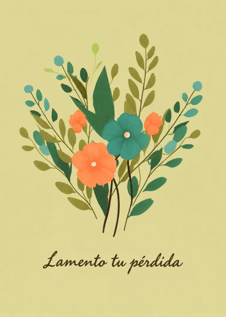 Tarjeta de pésame con un ramo de flores coral y turquesa sobre fondo amarillo pálido.