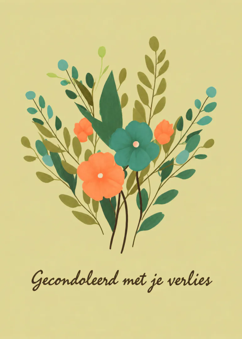 Lichtgele condoleancekaart met een boeket groene takken en koraalkleurige en turquoise bloemen.