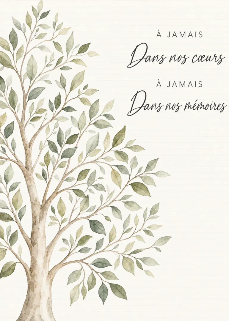 Carte de condoléances crème avec un arbre aux feuilles vert sauge et un message commémoratif en français.