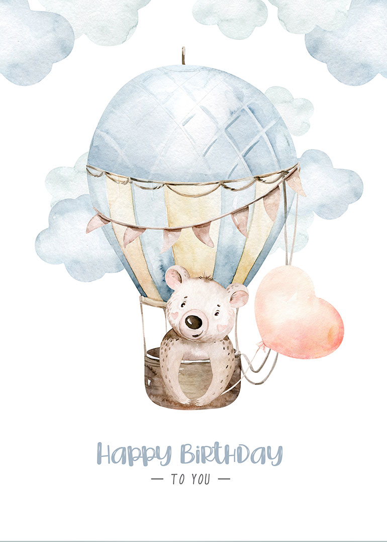 Watercolor bear in hot air balloon holding heart balloon with birthday greeting