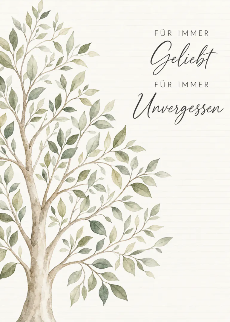 Zarte Aquarellkarte mit einem belaubten Baum und dem Spruch „Für immer Geliebt Für immer Unvergessen“.