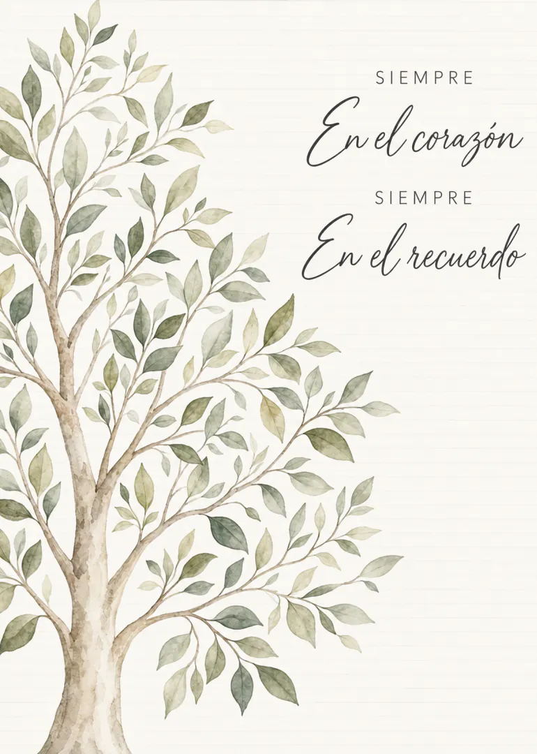 Tarjeta de condolencias con un árbol de hojas verdes en acuarela y un mensaje de recuerdo.