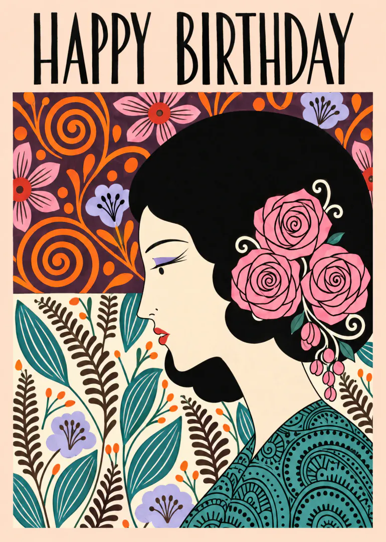 Illustrated woman in profile with pink roses in her black hair, surrounded by colourful floral patterns and Happy Birthday text.