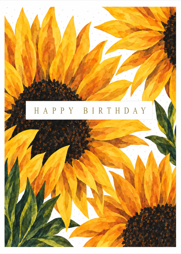 Watercolour-style yellow sunflowers with a central Happy Birthday banner.