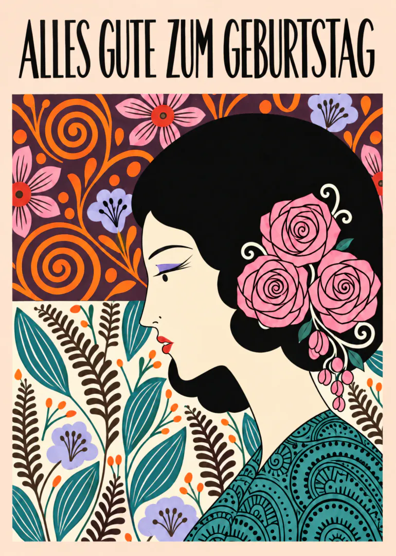 Illustration einer Frau mit schwarzen Haaren und rosa Rosen vor einem dekorativen Blumenmuster, darüber der Schriftzug „ALLES GUTE ZUM GEBURTSTAG“.