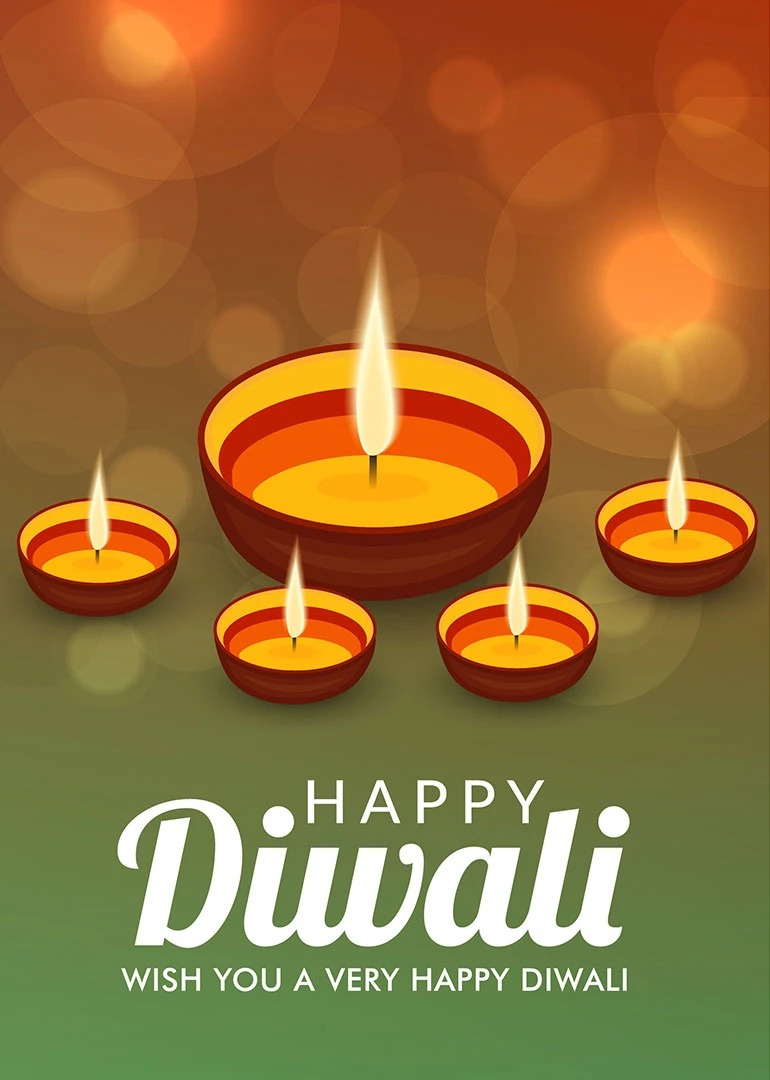 Five glowing diyas with Happy Diwali greeting on warm orange and green festive background design