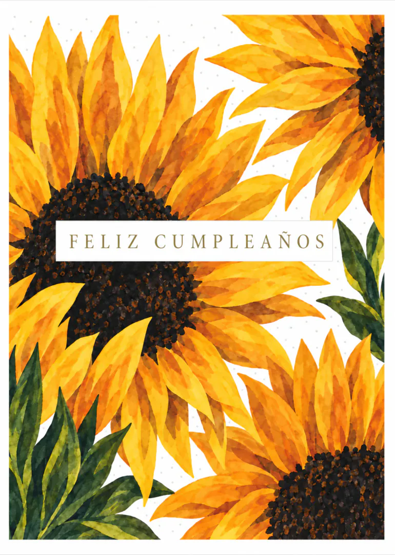 Tarjeta blanca con grandes girasoles amarillos en acuarela y el texto «FELIZ CUMPLEAÑOS».