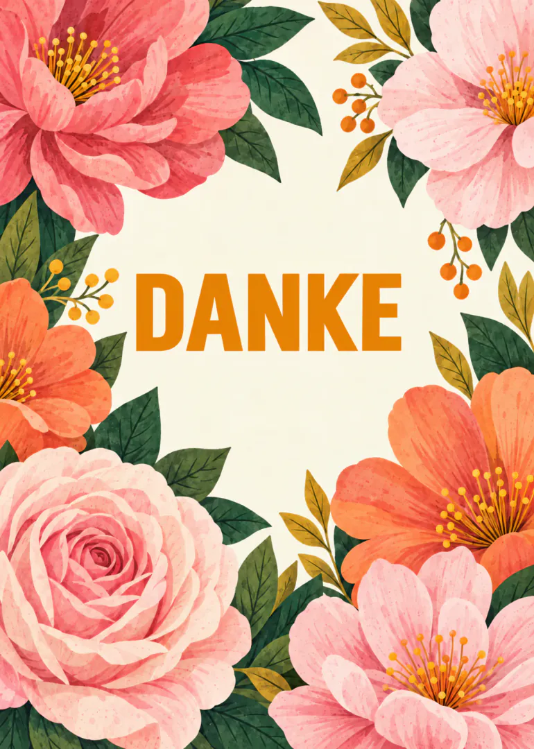 Cremefarbene Karte mit grossen rosa und korallenfarbenen Blüten, grünen Blättern und dem orangefarbenen Schriftzug „DANKE“.