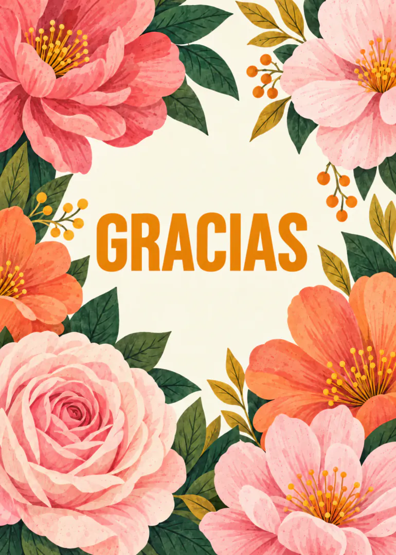 Tarjeta con flores rosas y coral, hojas verdes y la palabra «GRACIAS» en naranja.