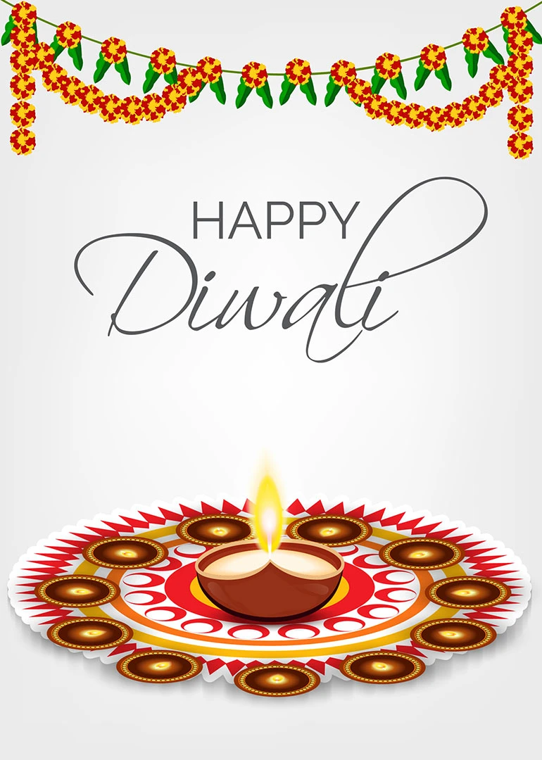 Glowing diya on ornate rangoli with marigold garlands and Happy Diwali text above centered card.