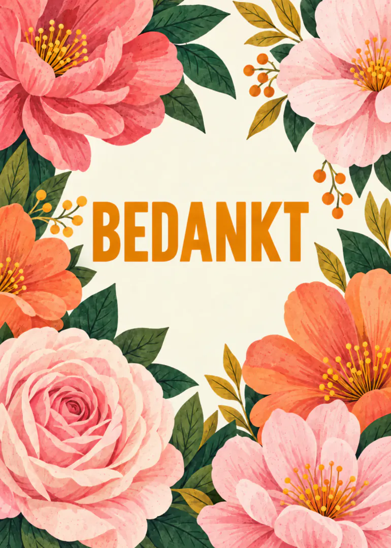 Crèmekleurige kaart met grote roze en oranje bloemen, groene bladeren en de tekst BEDANKT.