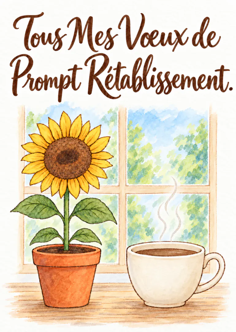 Carte aquarellée avec le message « Tous Mes Vœux de Prompt Rétablissement. », un tournesol en pot et une tasse fumante devant une fenêtre.