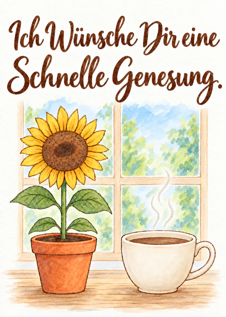 Aquarellkarte mit dem Schriftzug „Ich Wünsche Dir eine Schnelle Genesung.“, einer Sonnenblume im Topf und einer dampfenden Tasse vor einem Fenster.