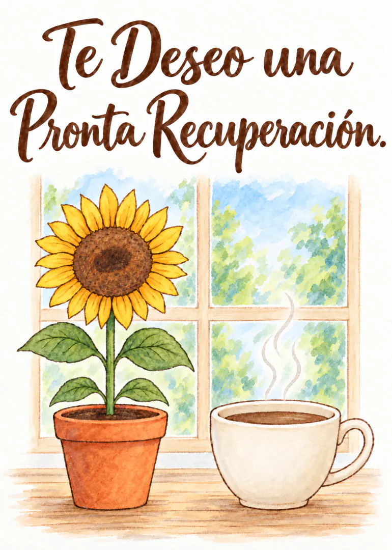 Tarjeta de pronta recuperación con un girasol en maceta y una taza de té ante una ventana.