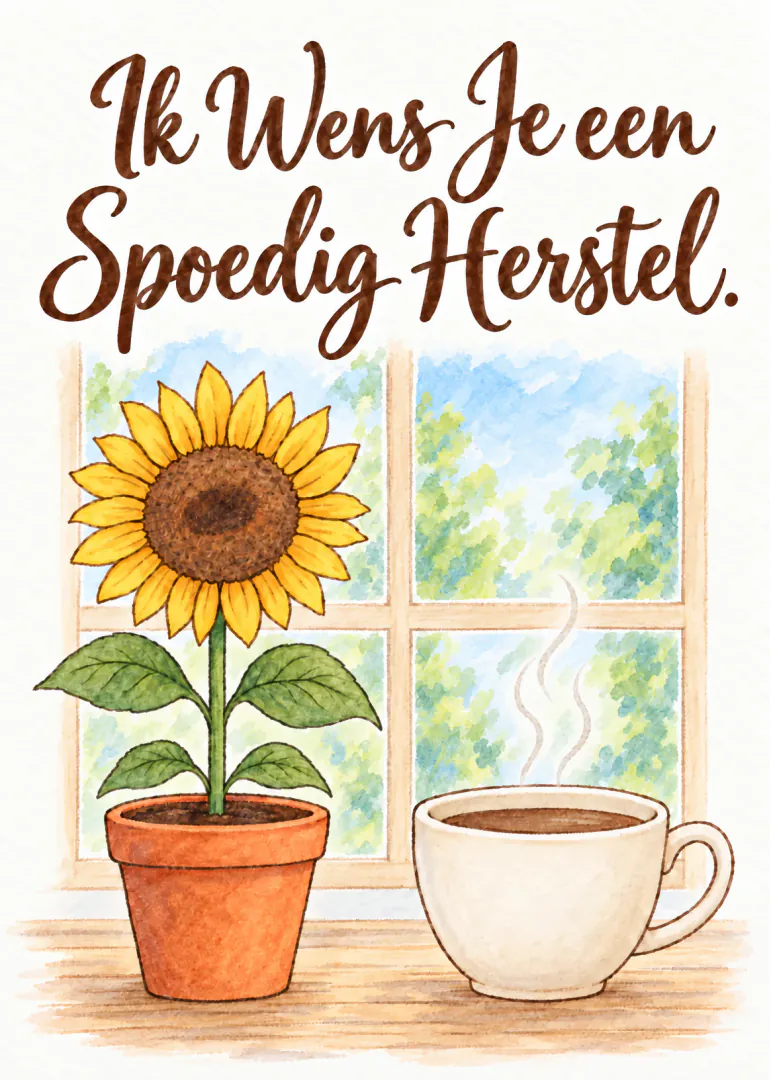 Waterverfillustratie van een zonnebloem in pot en een dampende koffiekop voor een raam, met beterschapswens.