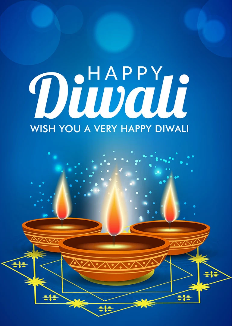 Blue Diwali card with three glowing diyas, rangoli design, and festive Happy Diwali wording above.