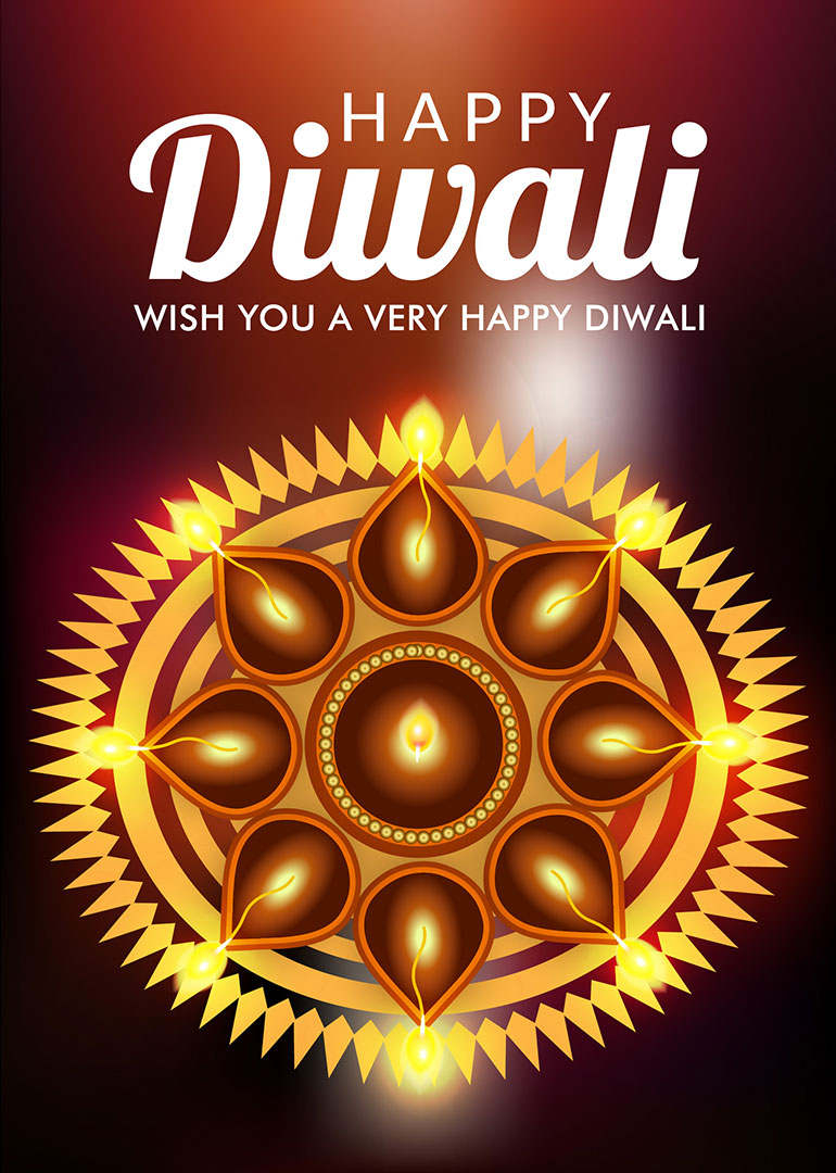 Diwali card with glowing oil lamps arranged in a circular pattern