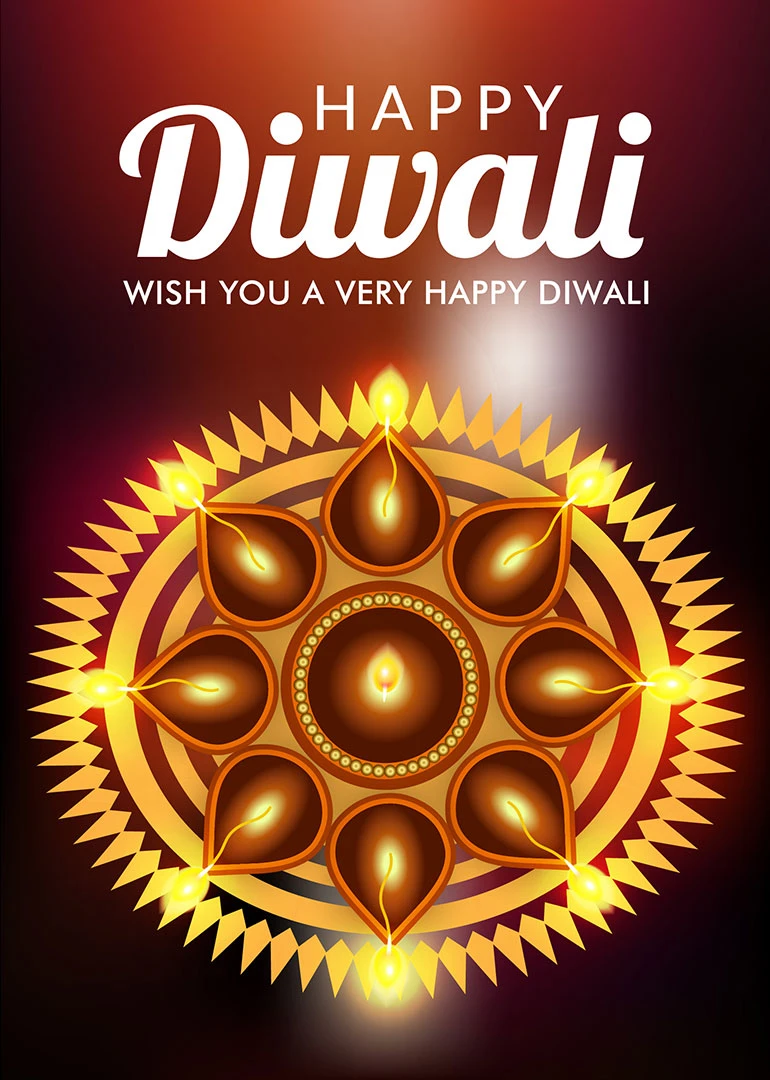Festive Diwali card with glowing diyas, ornate gold mandala, and white Happy Diwali greeting text.