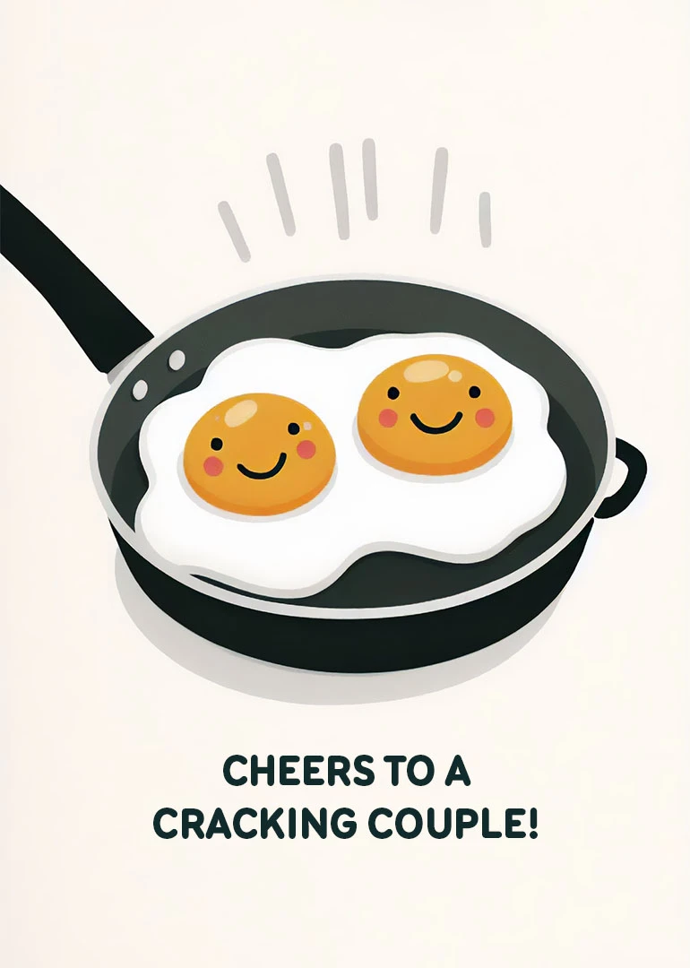 Two smiling fried eggs in a pan with text cheers to a cracking couple below.