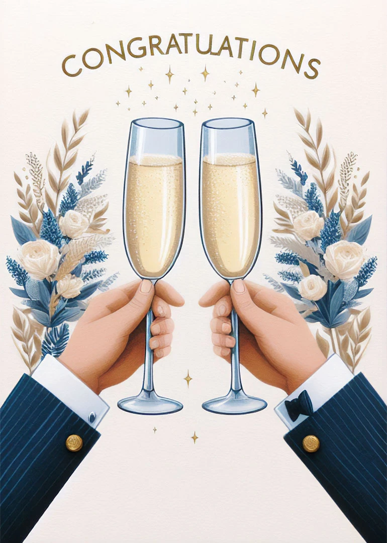 Two hands in suits toast champagne flutes beneath congratulations text and blue floral decorations today.