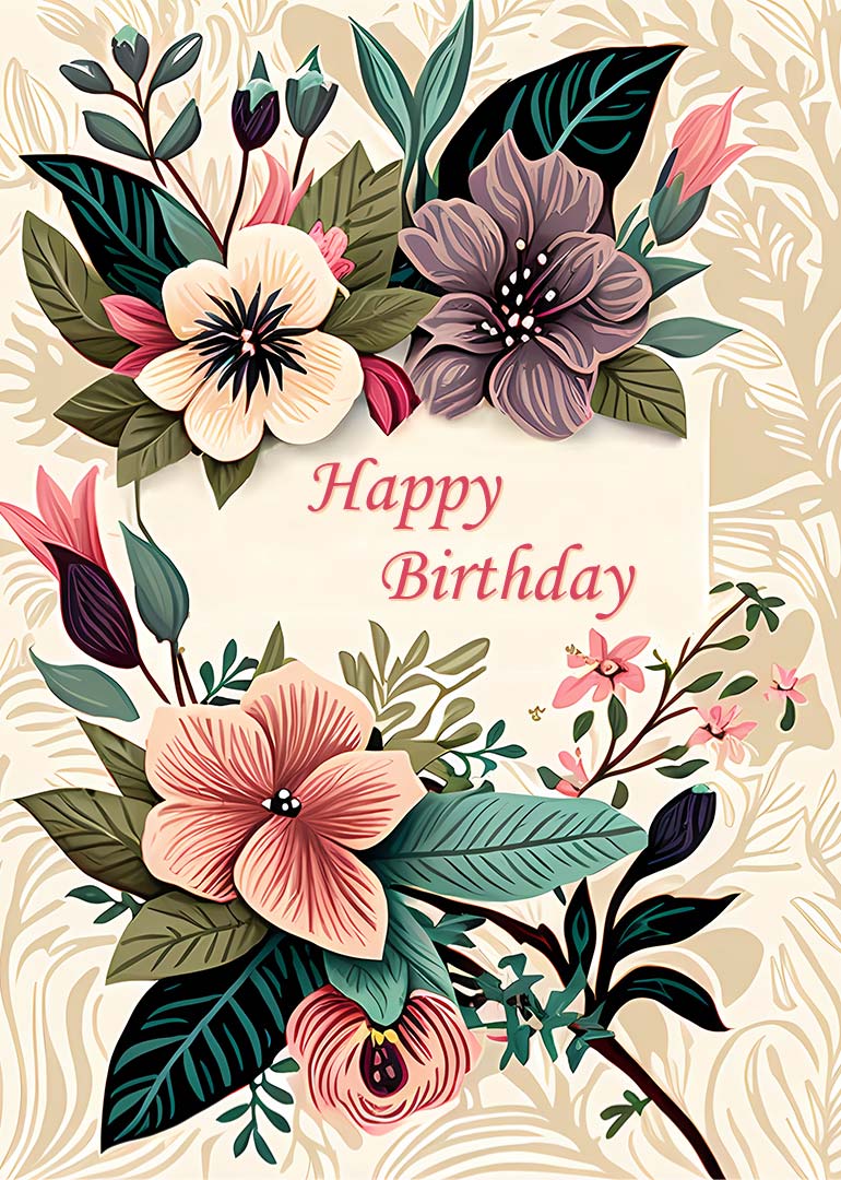 Floral birthday card with colorful flowers and leaves on beige background