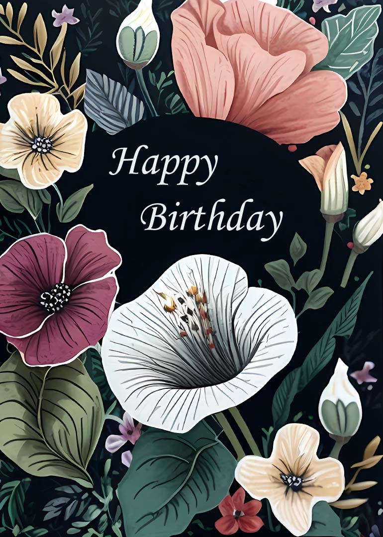 Floral happy birthday card with colorful flowers on dark background