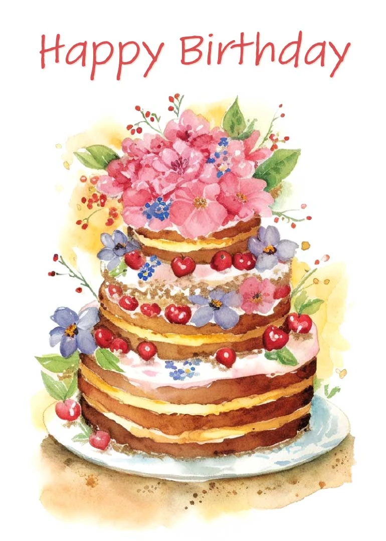 Watercolor birthday cake topped with pink flowers, berries, and the words Happy Birthday above it.