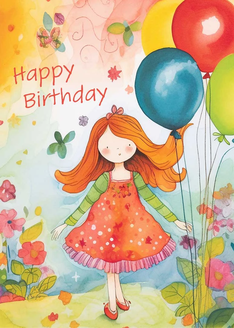 Watercolor birthday card with red-haired girl holding balloons beside colorful flowers and Happy Birthday text.