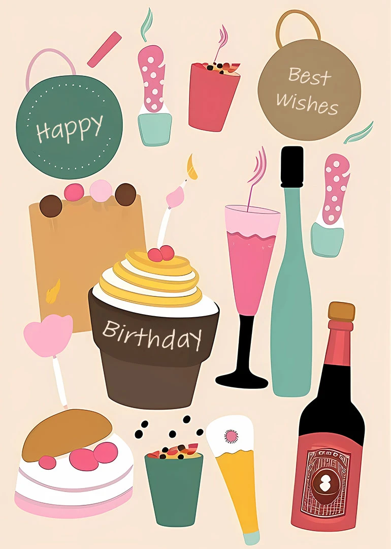 Colourful birthday card with cakes, champagne, sweets and Happy Best Wishes wording on beige background.