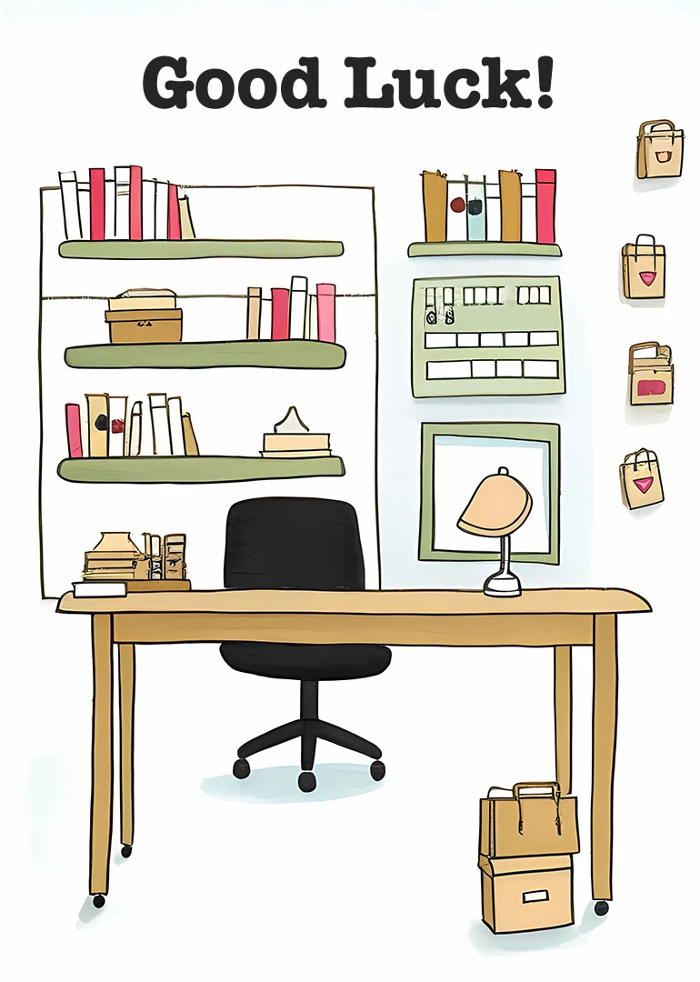Illustrated office desk with shelves, bags, and Good Luck text in a playful style card.