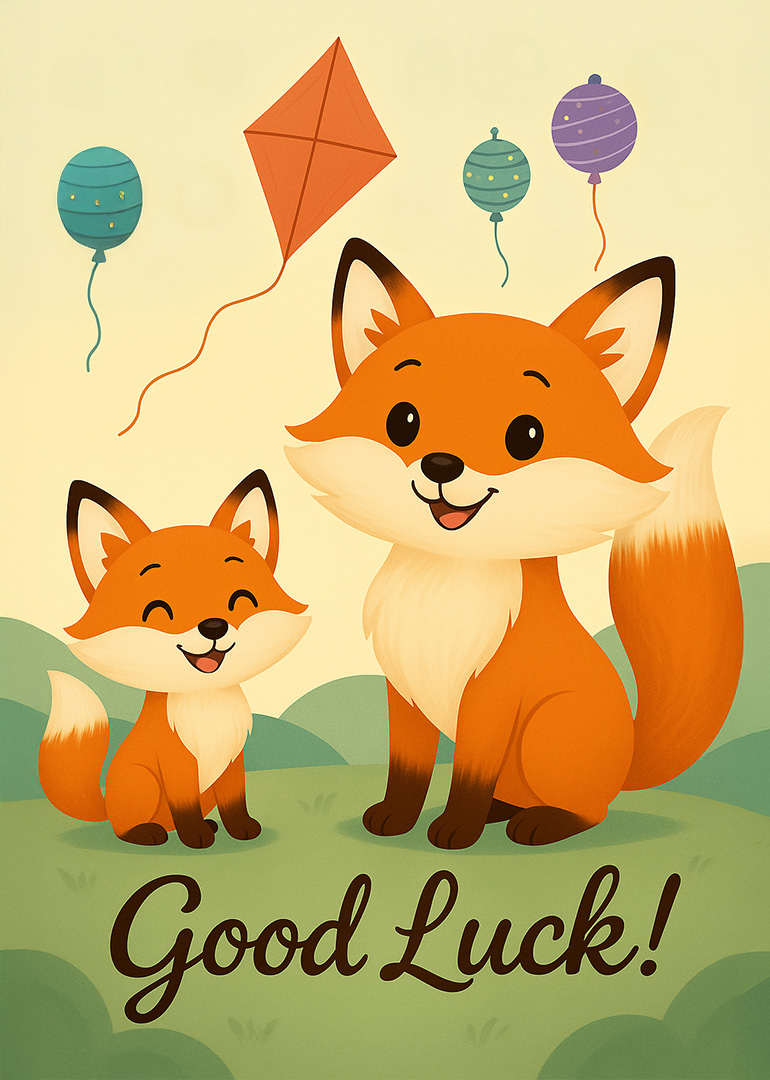 Two happy foxes with balloons and kite on grassy hill good luck message