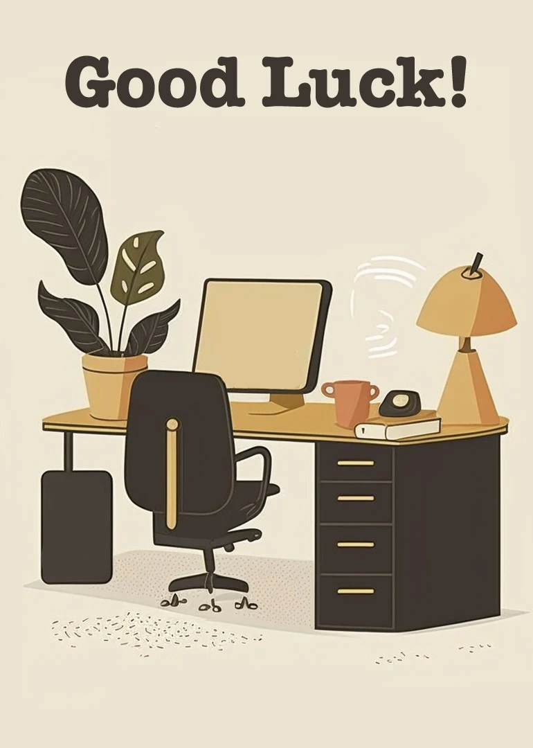 Good Luck text above a modern office desk with plant, computer, lamp and chair illustration.