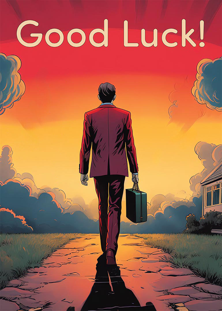 Man in suit walking away with briefcase at sunset with good luck text