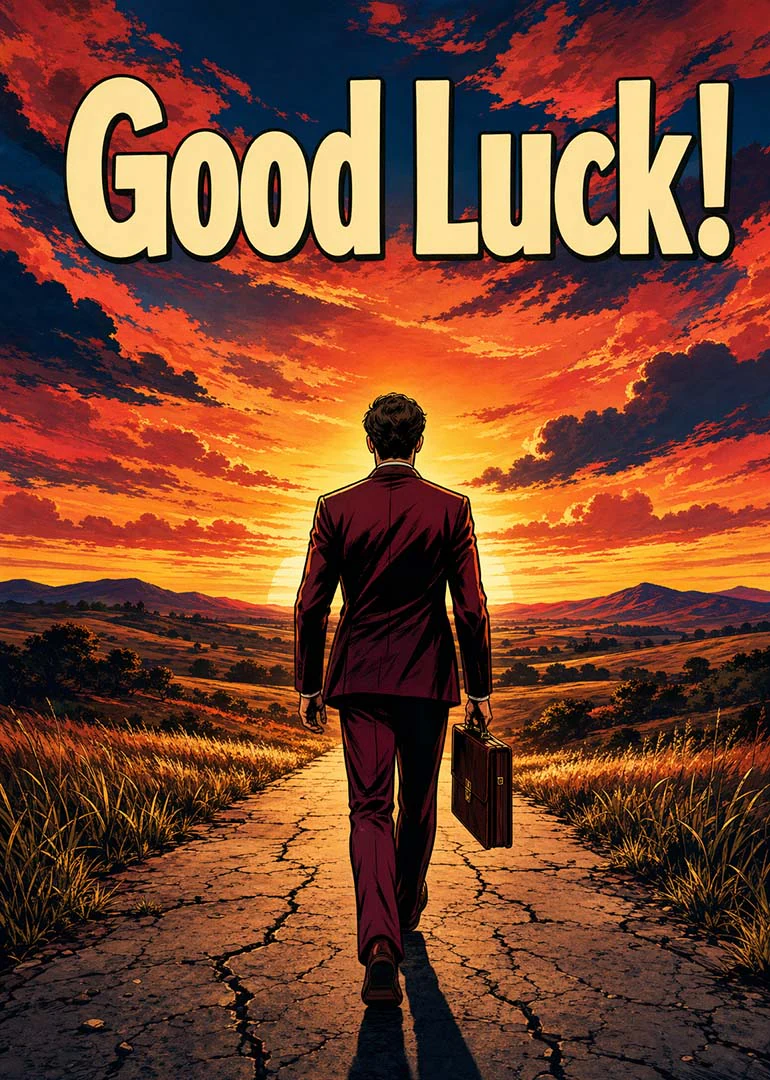 Man in suit walks into sunset with Good Luck text above.