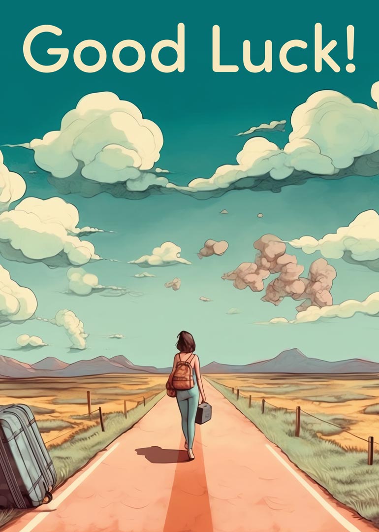 Woman walking down road with luggage under good luck message
